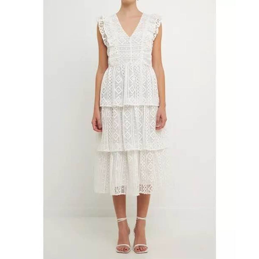 Endless Rose Women’s Small White Lace Tiered Ruffle Midi Dress - Picture 9 of 9